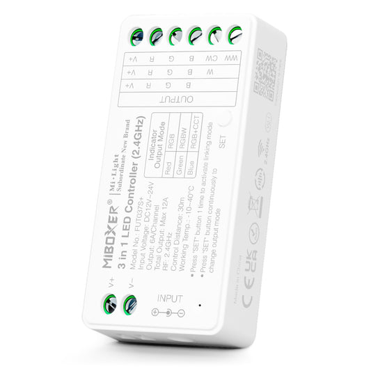MINI CONTROLADOR FUT037S+ 3 EN 1 RGB / RGBW / RGB+CCT DC12~24V RF 2,4GHz MAX 12A FUT037S+